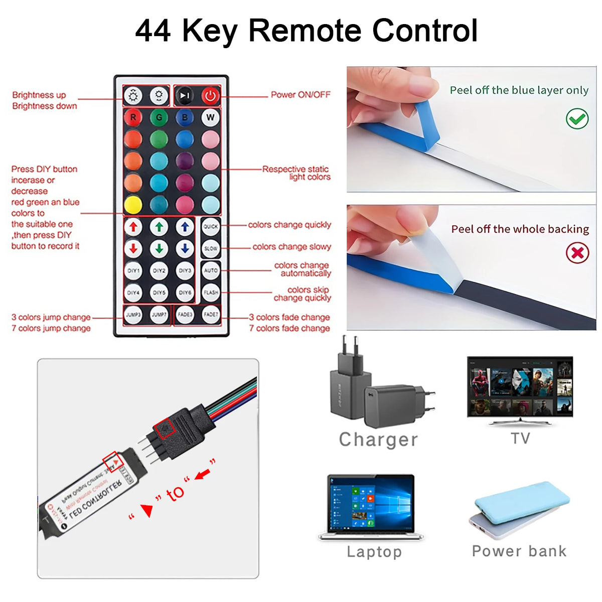 RGB LED Strip Lights with 44-Key Remote Control for Home & Party Decor